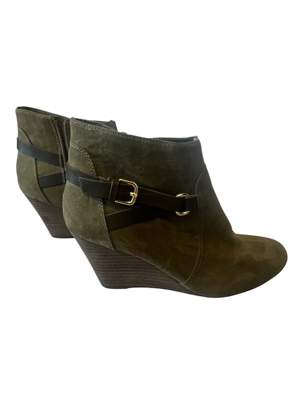Report Olive Green Suede Wedge Ankle Booties Strap Sz 8 EUC